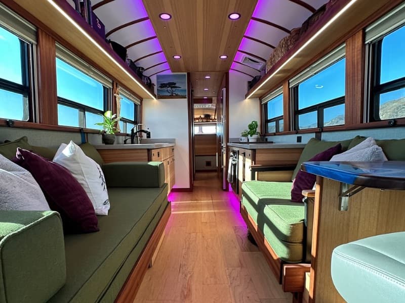 Finished bus interior with custom lighting